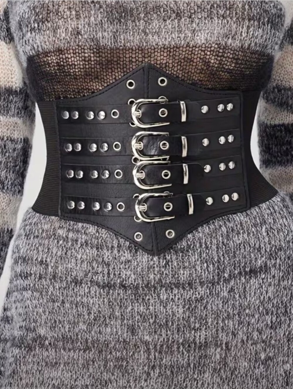 Punk Studded Four-Buckle Wide Waist Gothic Style Adjustable Corset Waistband